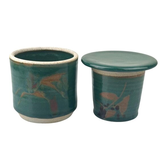 Studio Art Pottery Butter Keeper Crock w/ Lid Green Artist Signed Sun Valley, ID - Picture 1 of 16